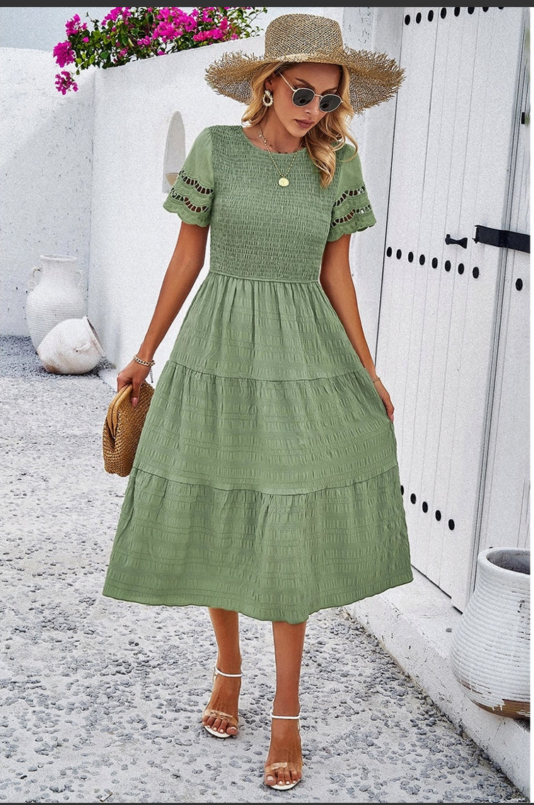 Lace Round Neck Ruched Fit Ruffle - Light Green