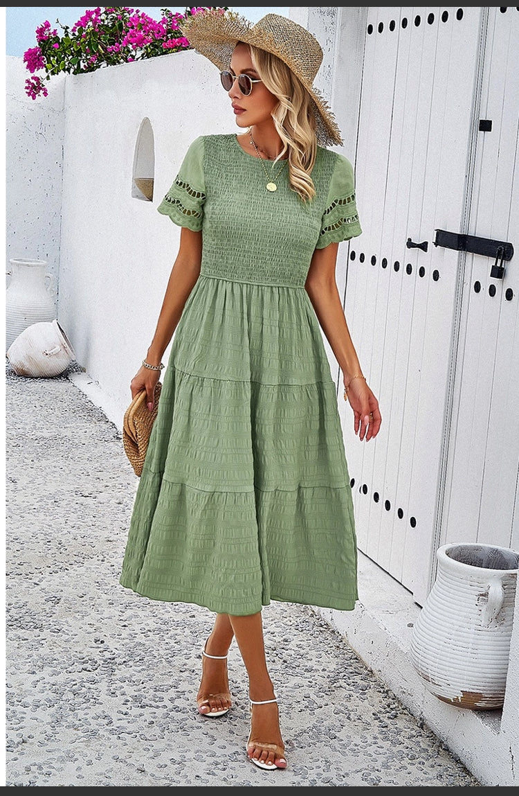 Lace Round Neck Ruched Fit Ruffle - Light Green