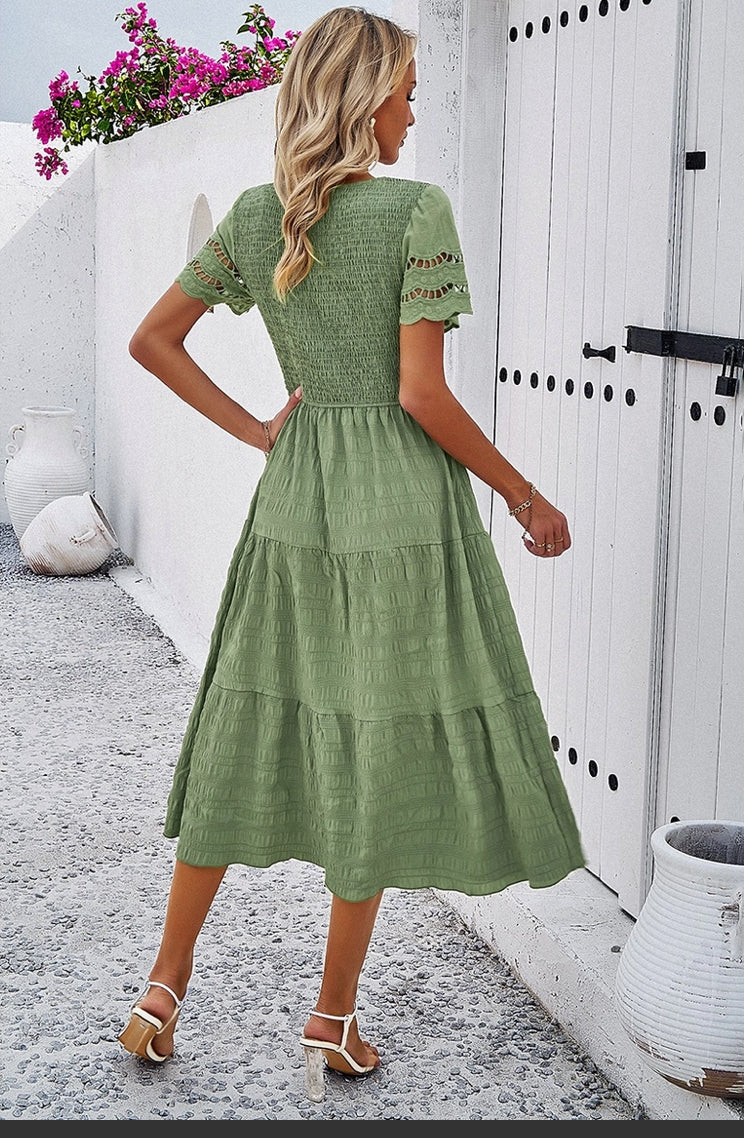 Lace Round Neck Ruched Fit Ruffle - Light Green