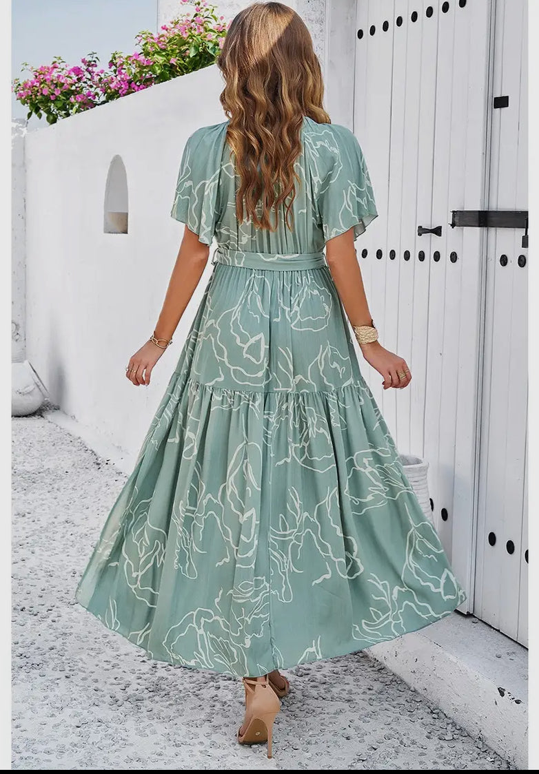 Allover Print V Neck Fit Belt A Line(Available in Black and Lt Green)