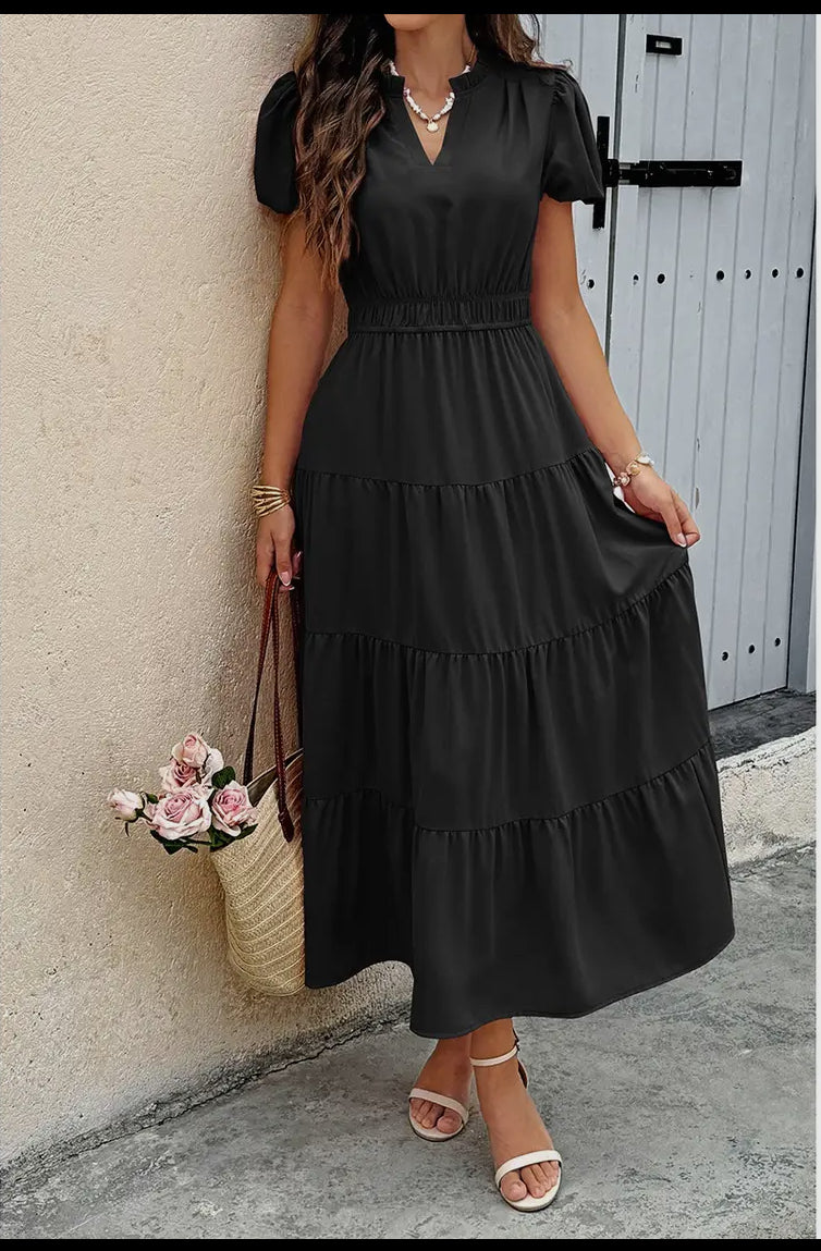 Solid V Neck Color Block Elastic Waist Dress (Copy)