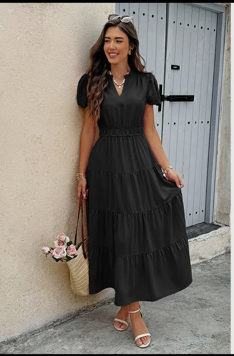 Solid V Neck Color Block Elastic Waist Dress (Copy)