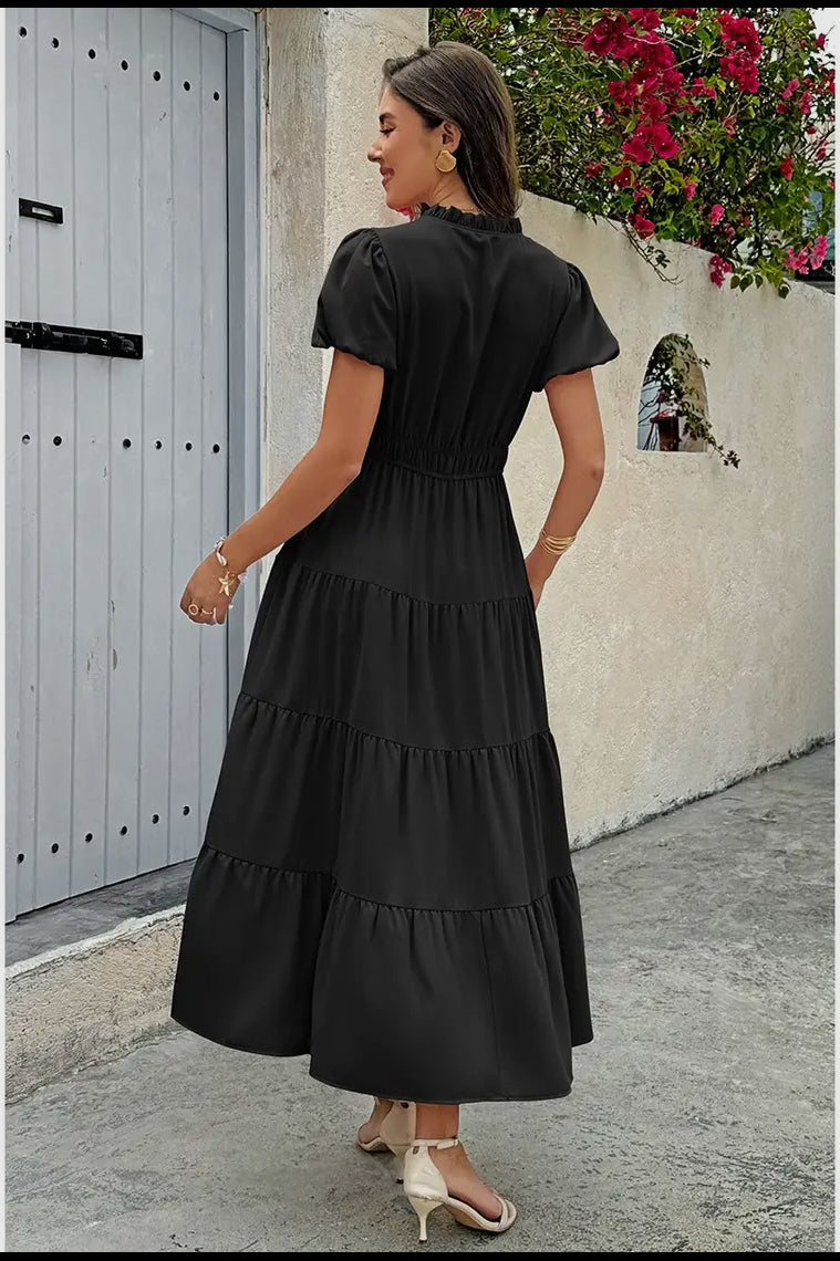 Solid V Neck Color Block Elastic Waist Dress (Copy)