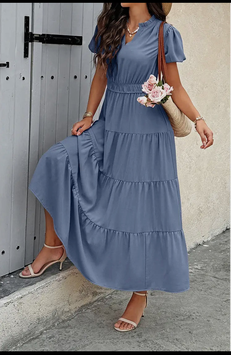 Solid V Neck Color Block Elastic Waist Dress (Copy)