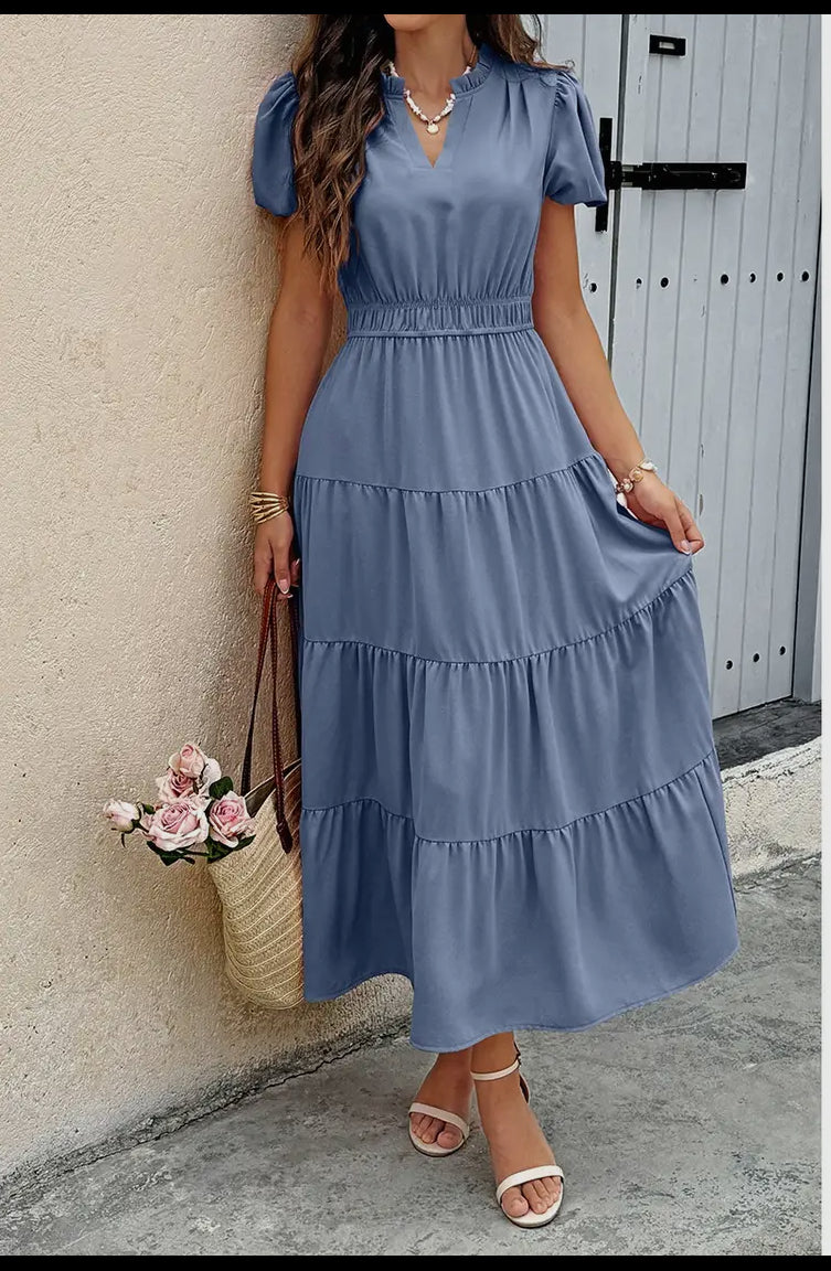 Solid V Neck Color Block Elastic Waist Dress (Copy)