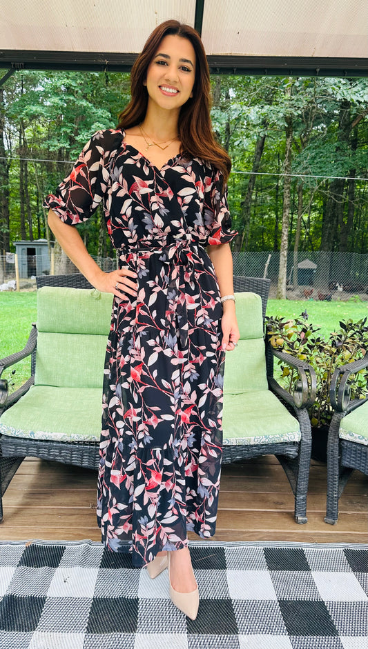 3/4 Surplus Side Tie Ruffle Hem Maxi - Black