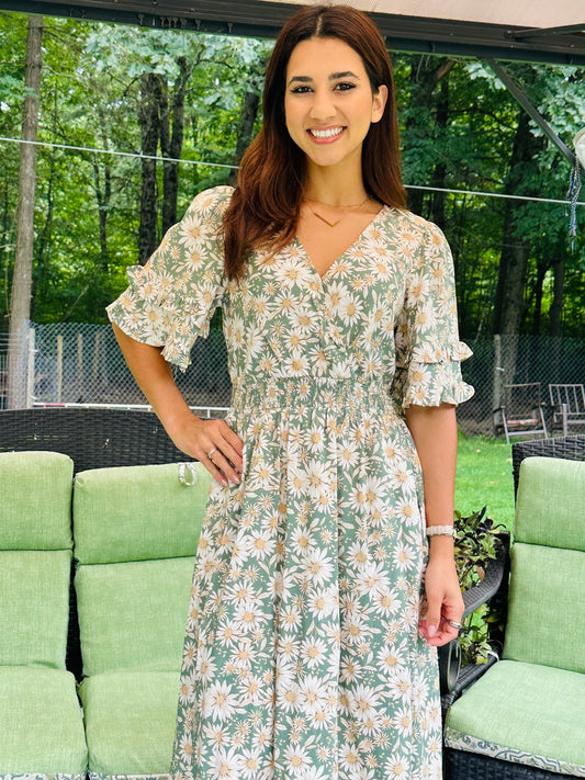 Elegant Kimono Inspired Surplice Dress - Sage