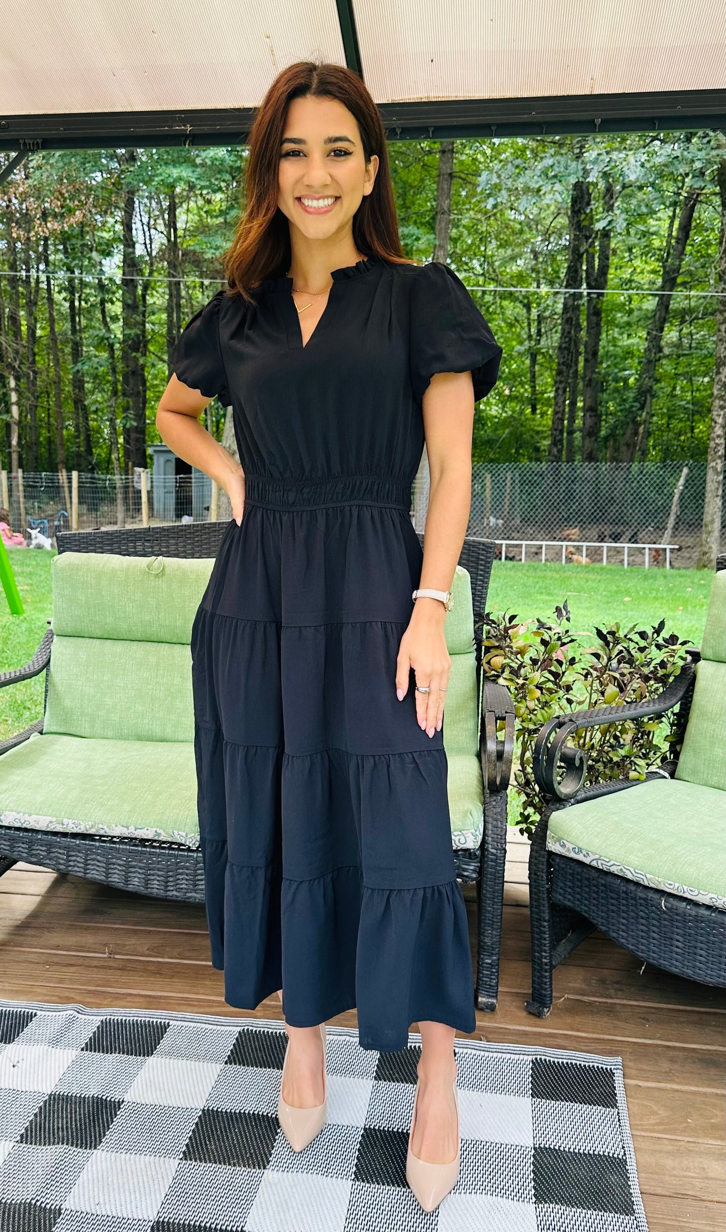 Solid V Neck Color Block Elastic Waist Dress (Copy)