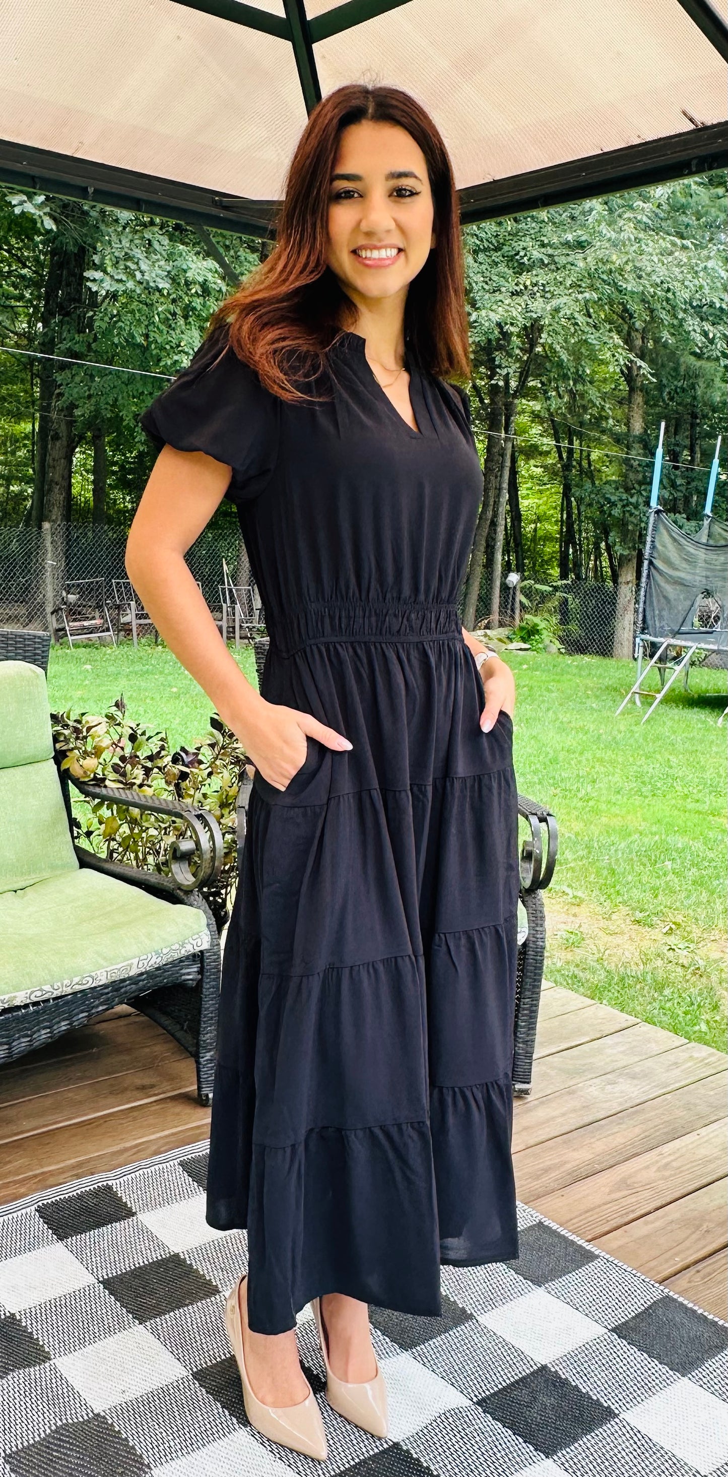 Solid V Neck Color Block Elastic Waist Dress (Copy)