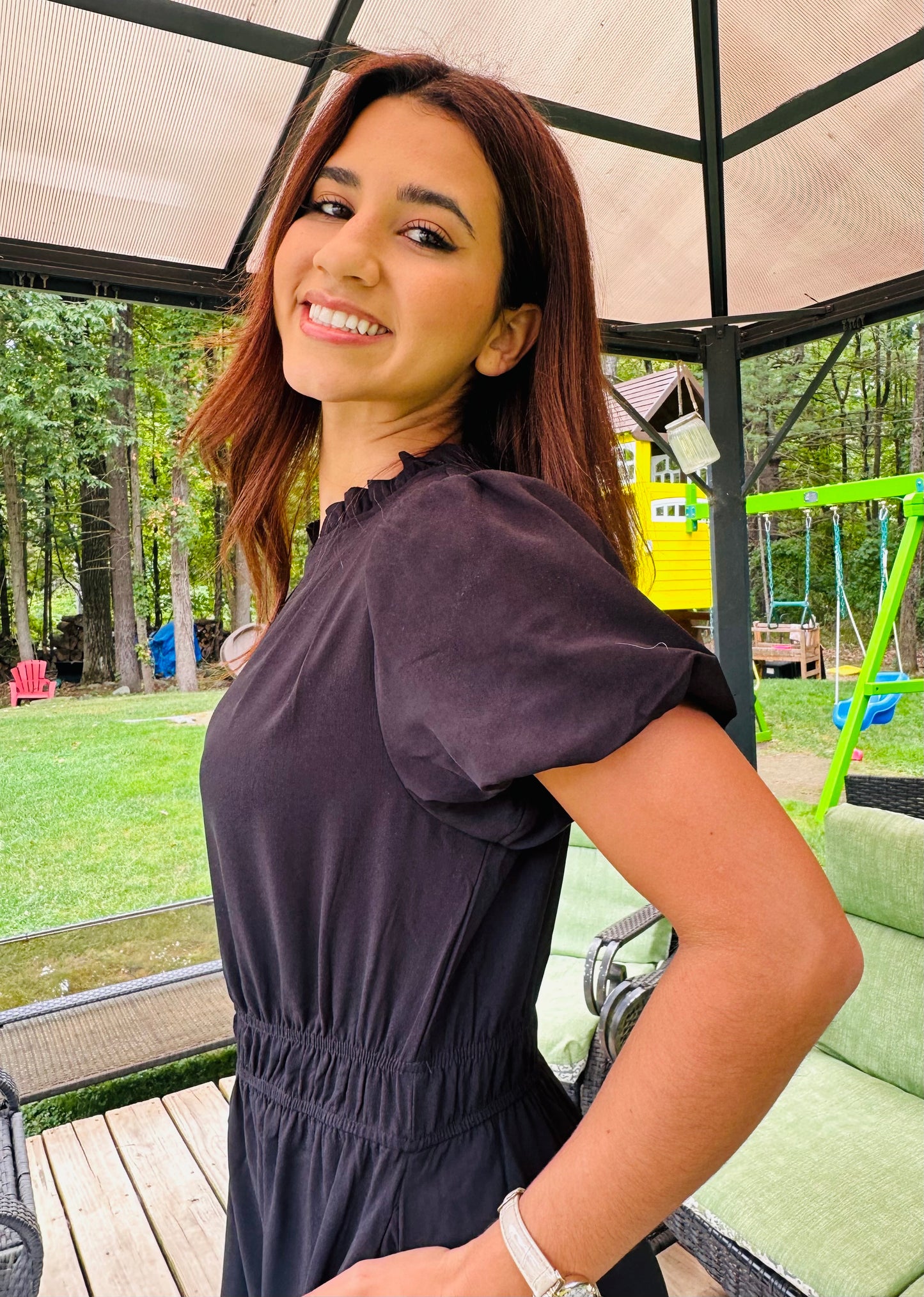 Solid V Neck Color Block Elastic Waist Dress (Copy)