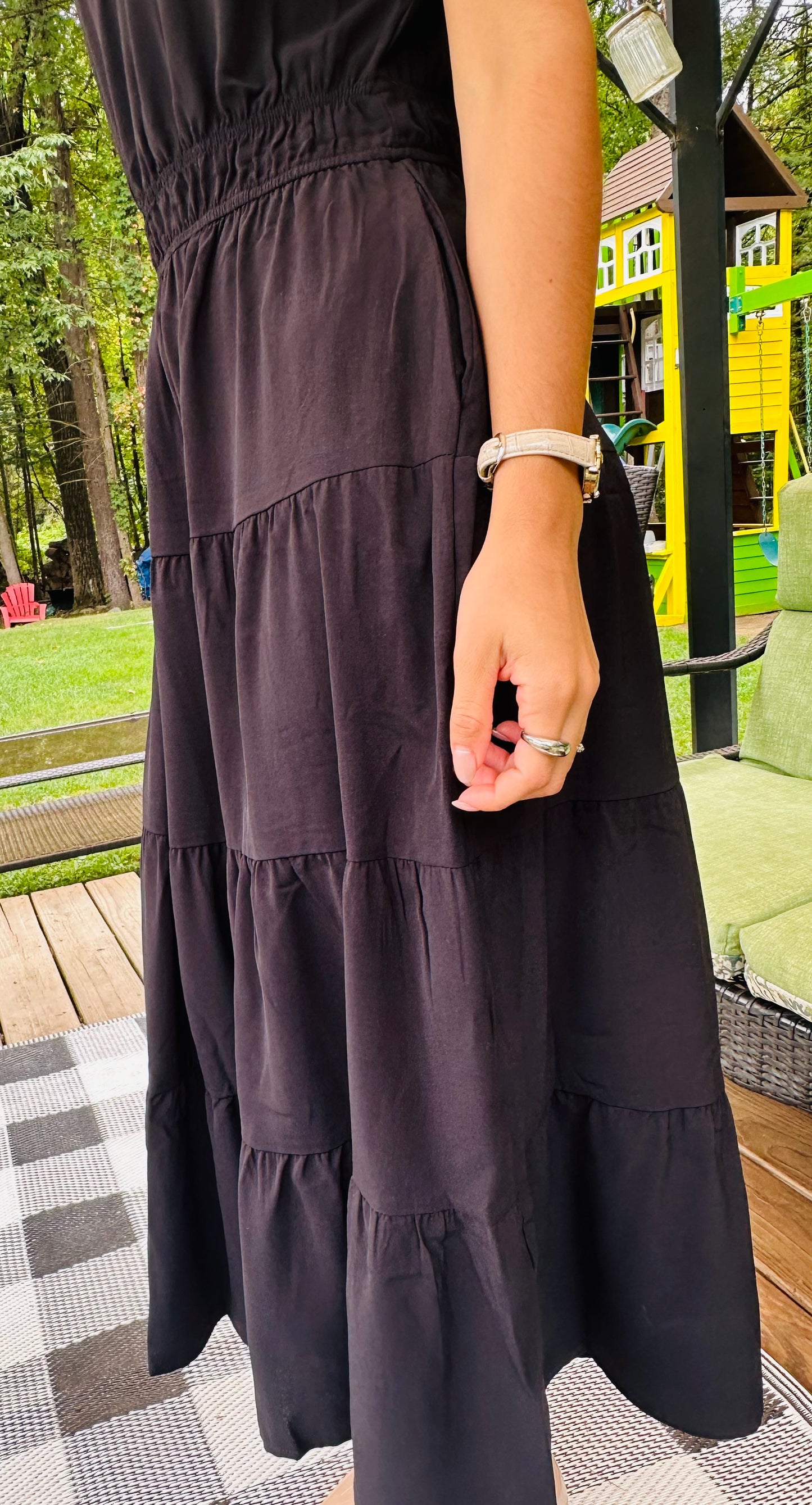 Solid V Neck Color Block Elastic Waist Dress (Copy)