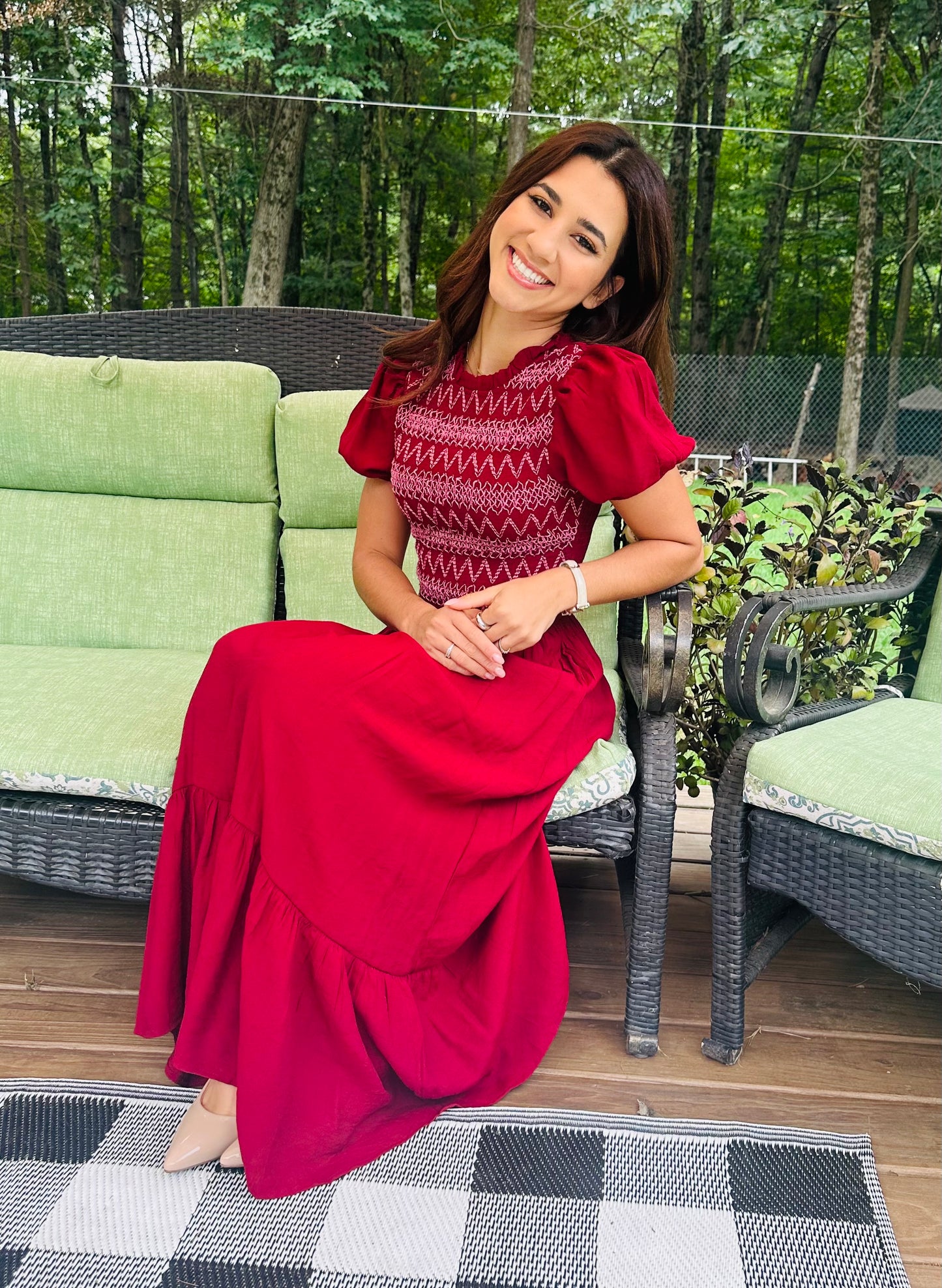Contrast Smocked Detail Puff Sleeve Midi Dress - Dark Red