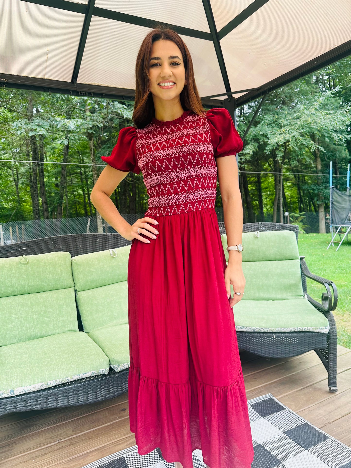 Contrast Smocked Detail Puff Sleeve Midi Dress - Dark Red
