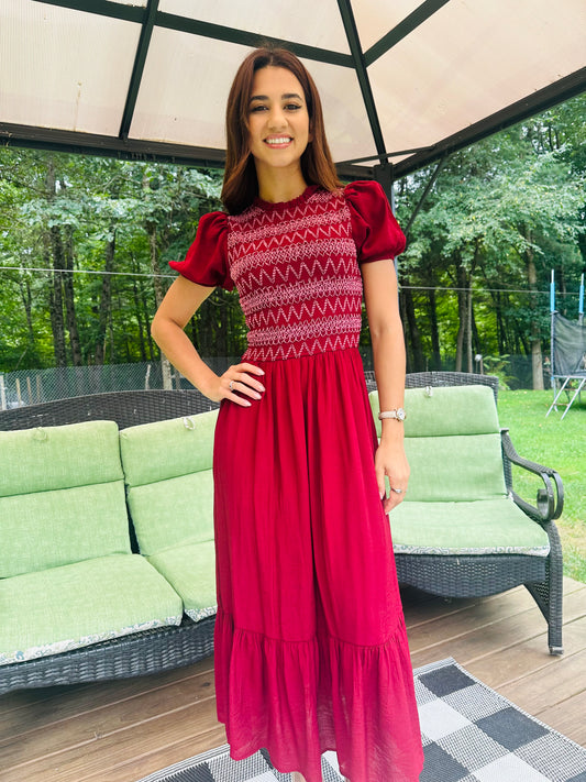 Contrast Smocked Detail Puff Sleeve Midi Dress - Dark Red