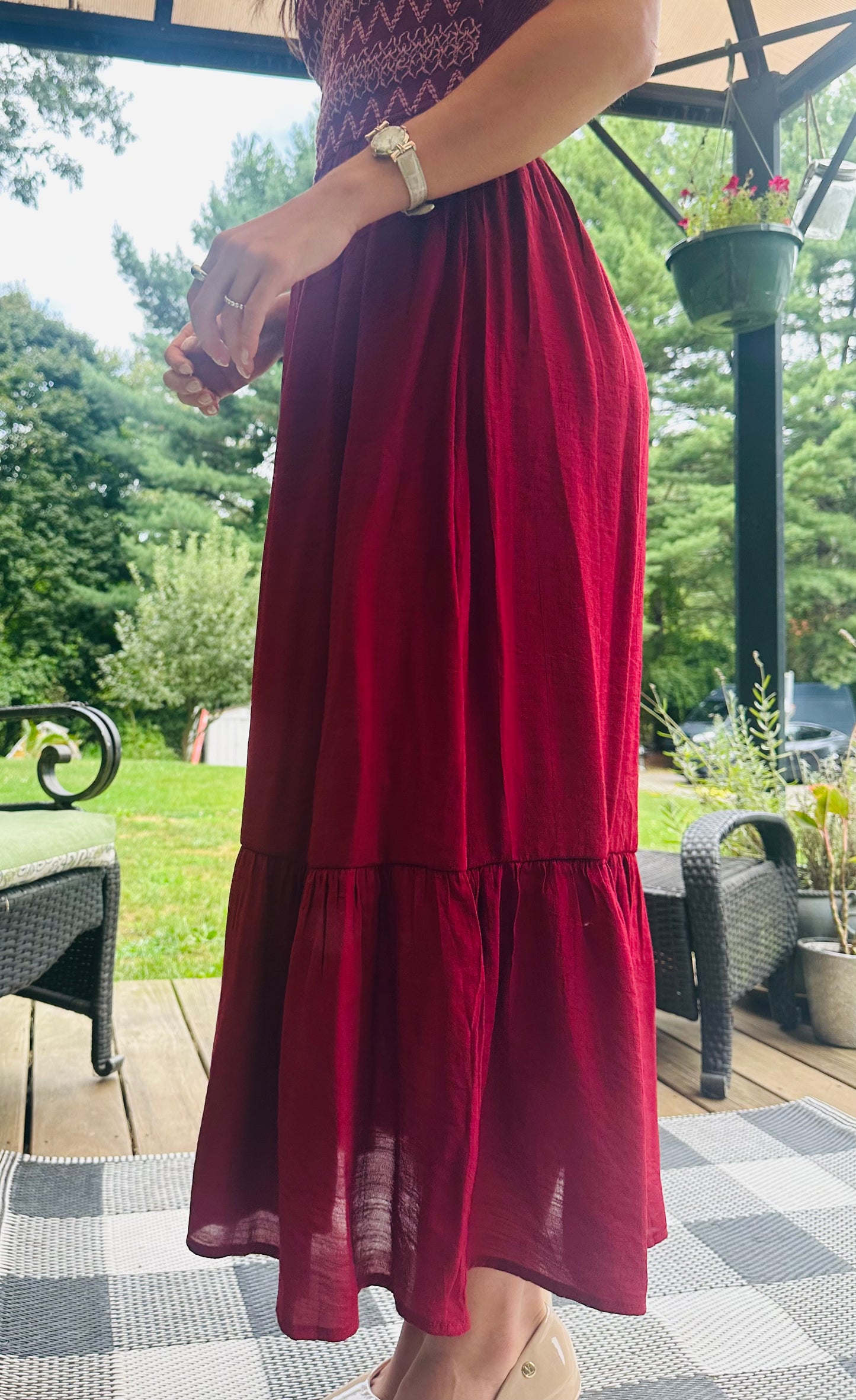 Contrast Smocked Detail Puff Sleeve Midi Dress - Dark Red
