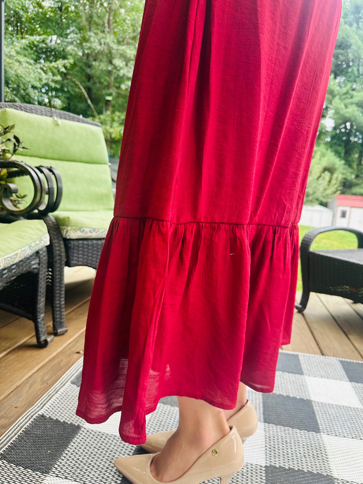 Contrast Smocked Detail Puff Sleeve Midi Dress - Dark Red