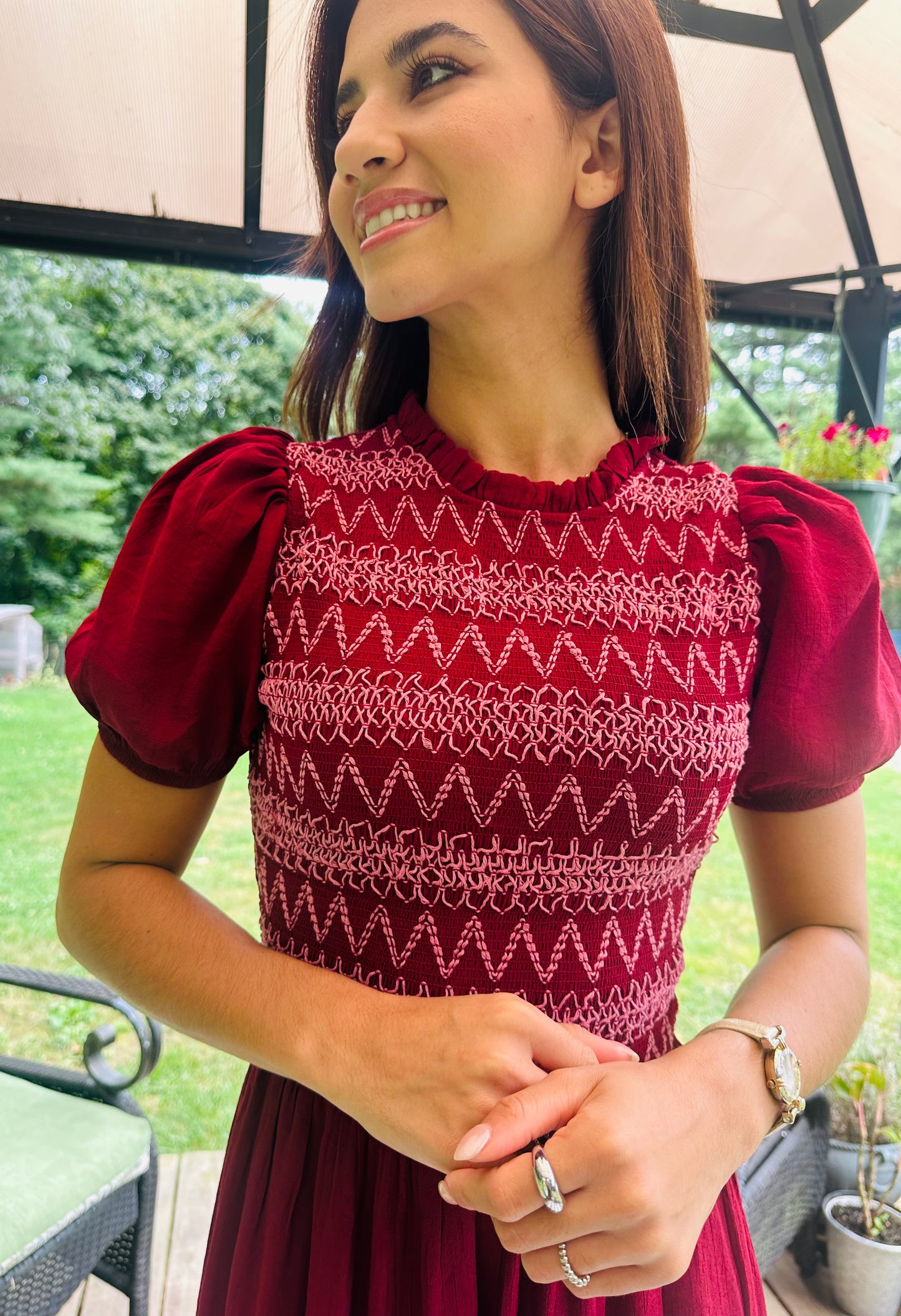 Contrast Smocked Detail Puff Sleeve Midi Dress - Dark Red