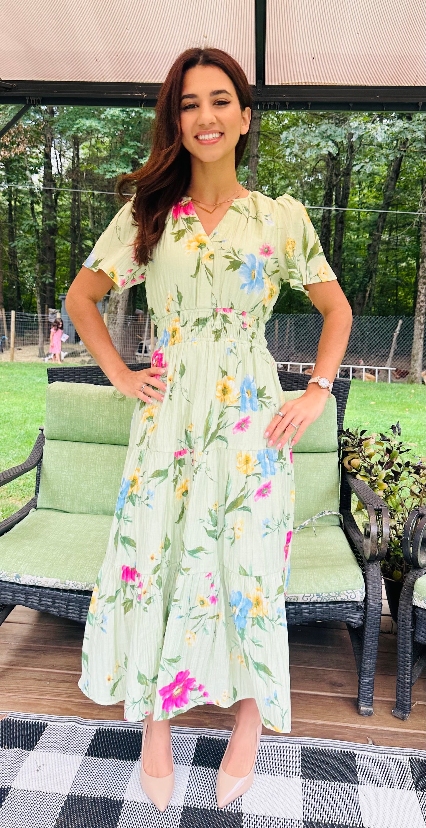 Multicolor Floral Sleeve Tiered Midi Dress - Sage multi
