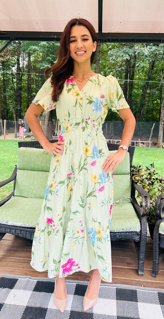 Multicolor Floral Sleeve Tiered Midi Dress - Sage multi