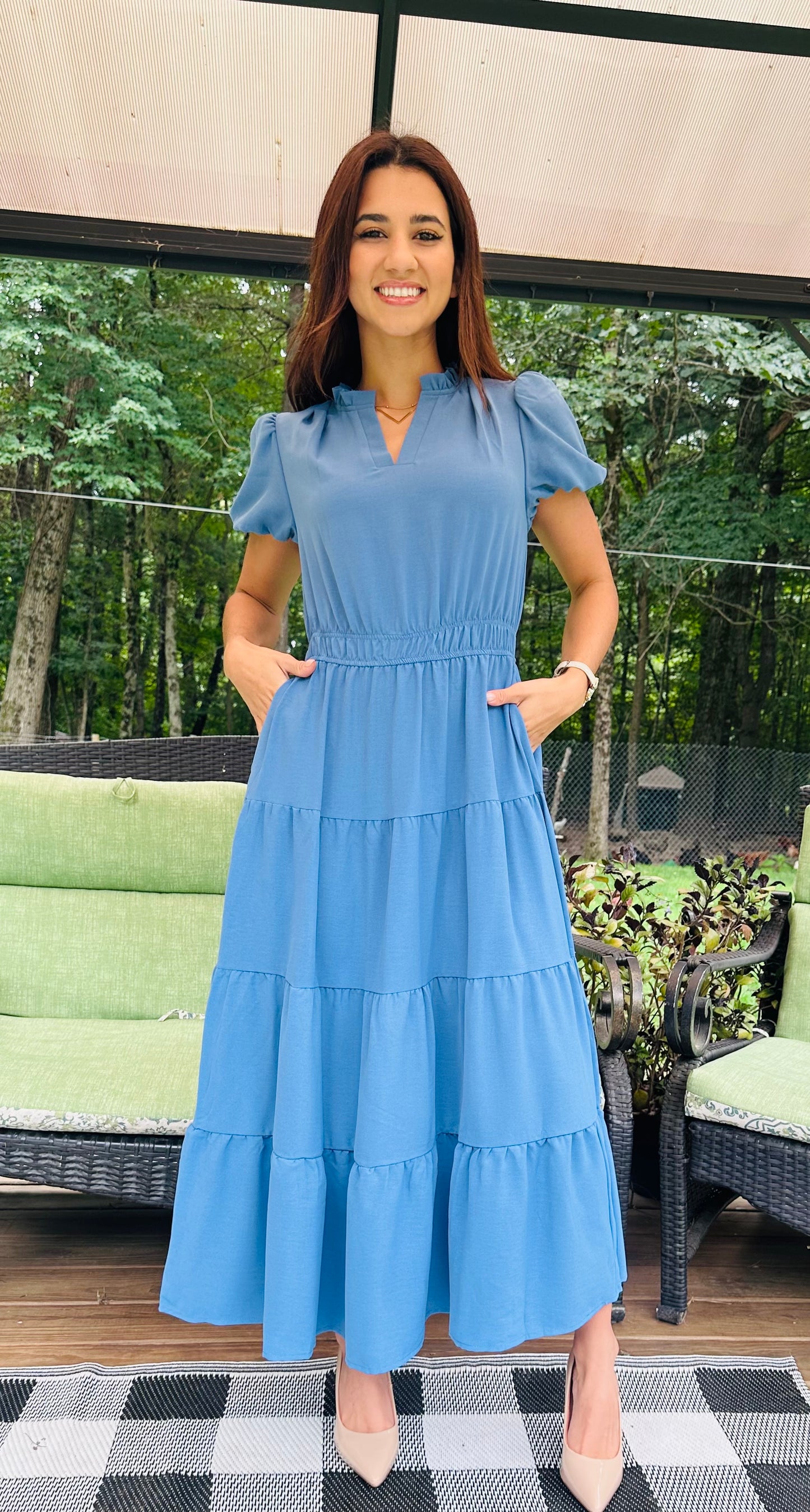 Solid V Neck Color Block Elastic Waist Dress (Copy)