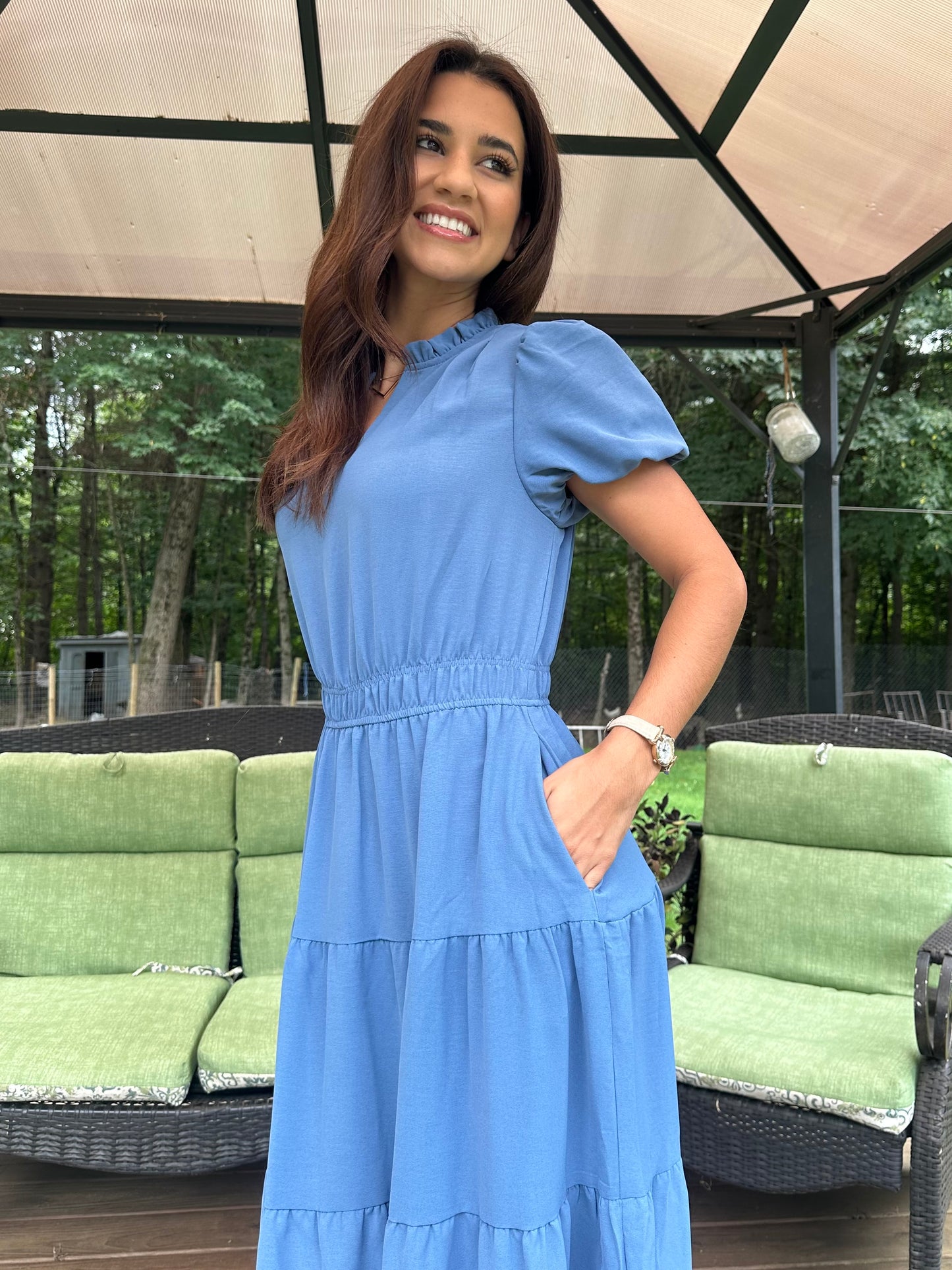 Solid V Neck Color Block Elastic Waist Dress (Copy)