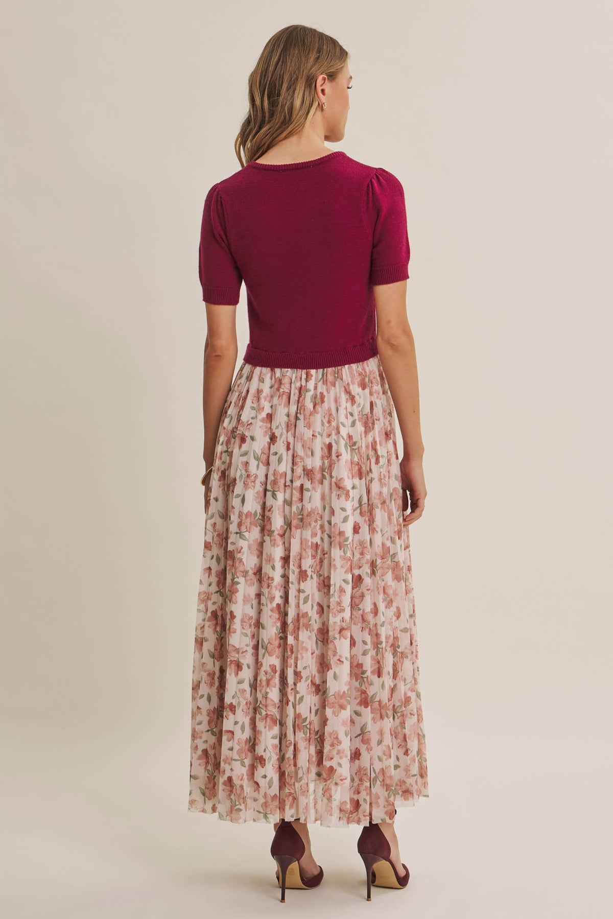 Wine Country Pleated Wildflowers Sweater Twofer Maxi Dress - Burgundy Blush