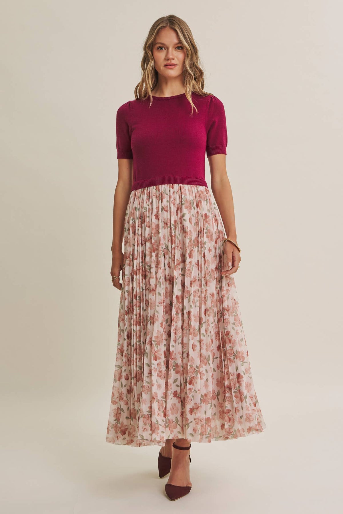 Wine Country Pleated Wildflowers Sweater Twofer Maxi Dress - Burgundy Blush