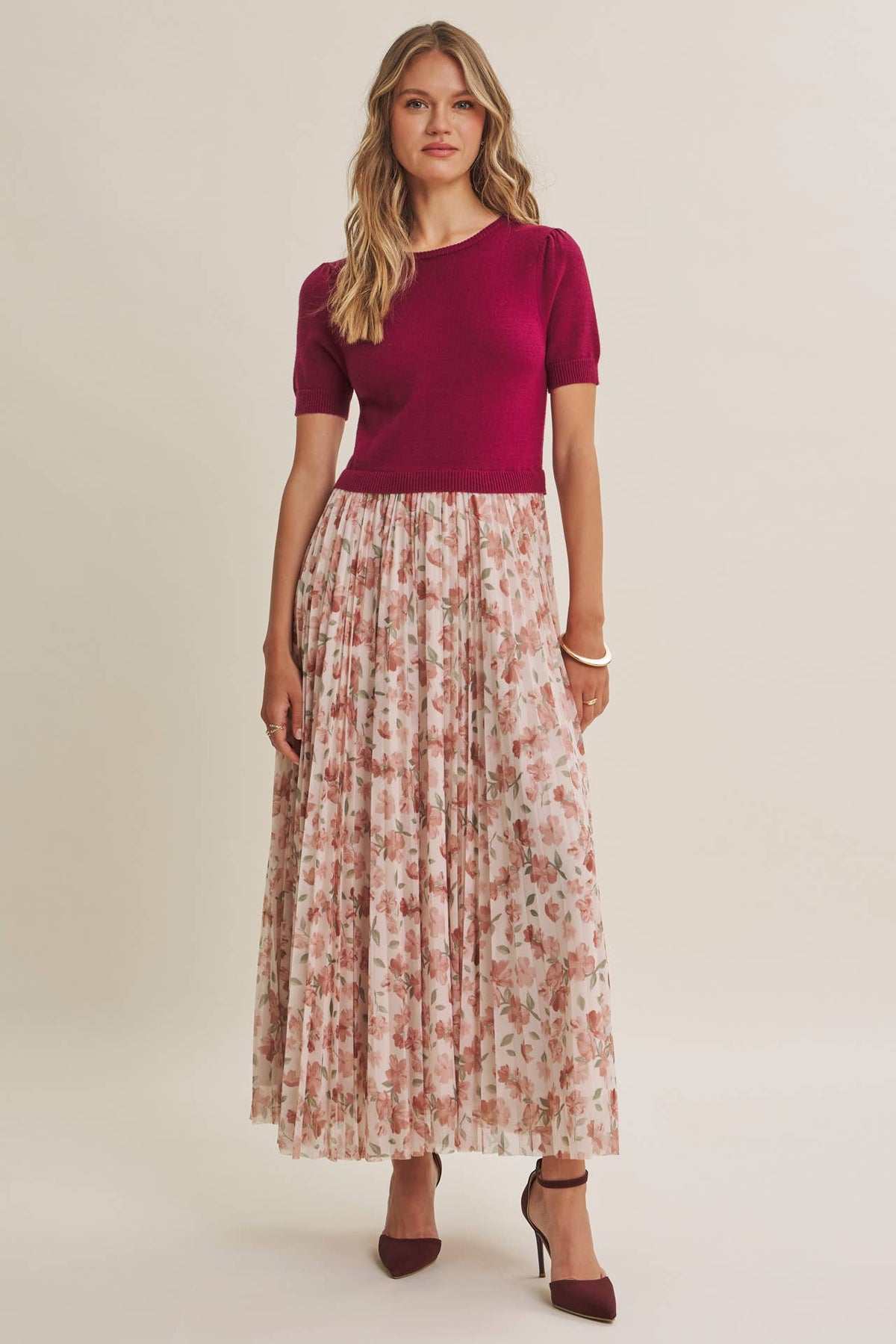Wine Country Pleated Wildflowers Sweater Twofer Maxi Dress - Burgundy Blush